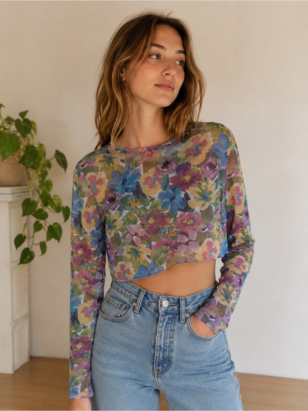Floral Long-Sleeve Cropped Top in Multicolor